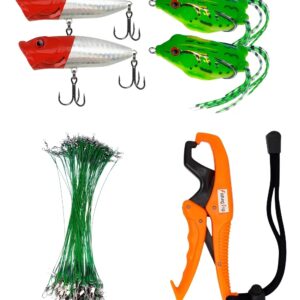 Kit 2 Señuelos Popper + 2 Antienganche + Pinza + 5 Lingas