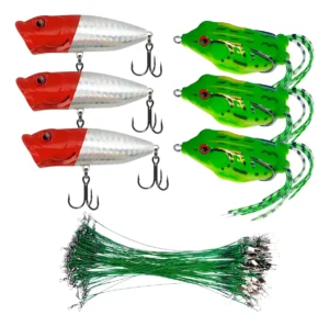 Kit Señuelos 3 Popper + 3 Antienganche + 5 Lingas De Regalo